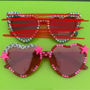 Red and Pink Heart-Shaped Sunglasses with Rhinestones Big Time Rush Tour Beaded